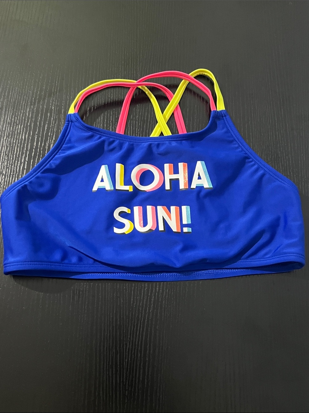 Cat & Jack Blue Swim Top with Neon Pink and Neon Yellow Straps